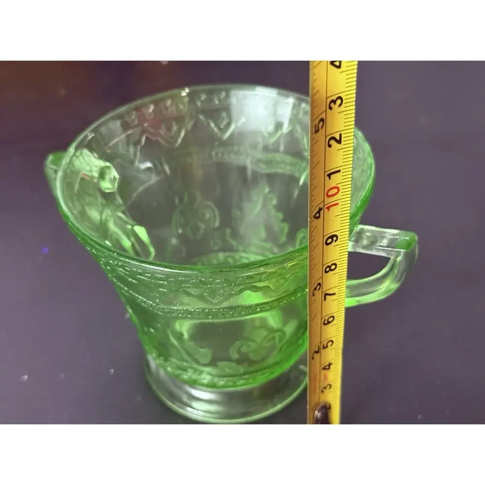 Vintage Green Vaseline Uranium Glass Depression Glass Sugar Bowl Cubist Pattern